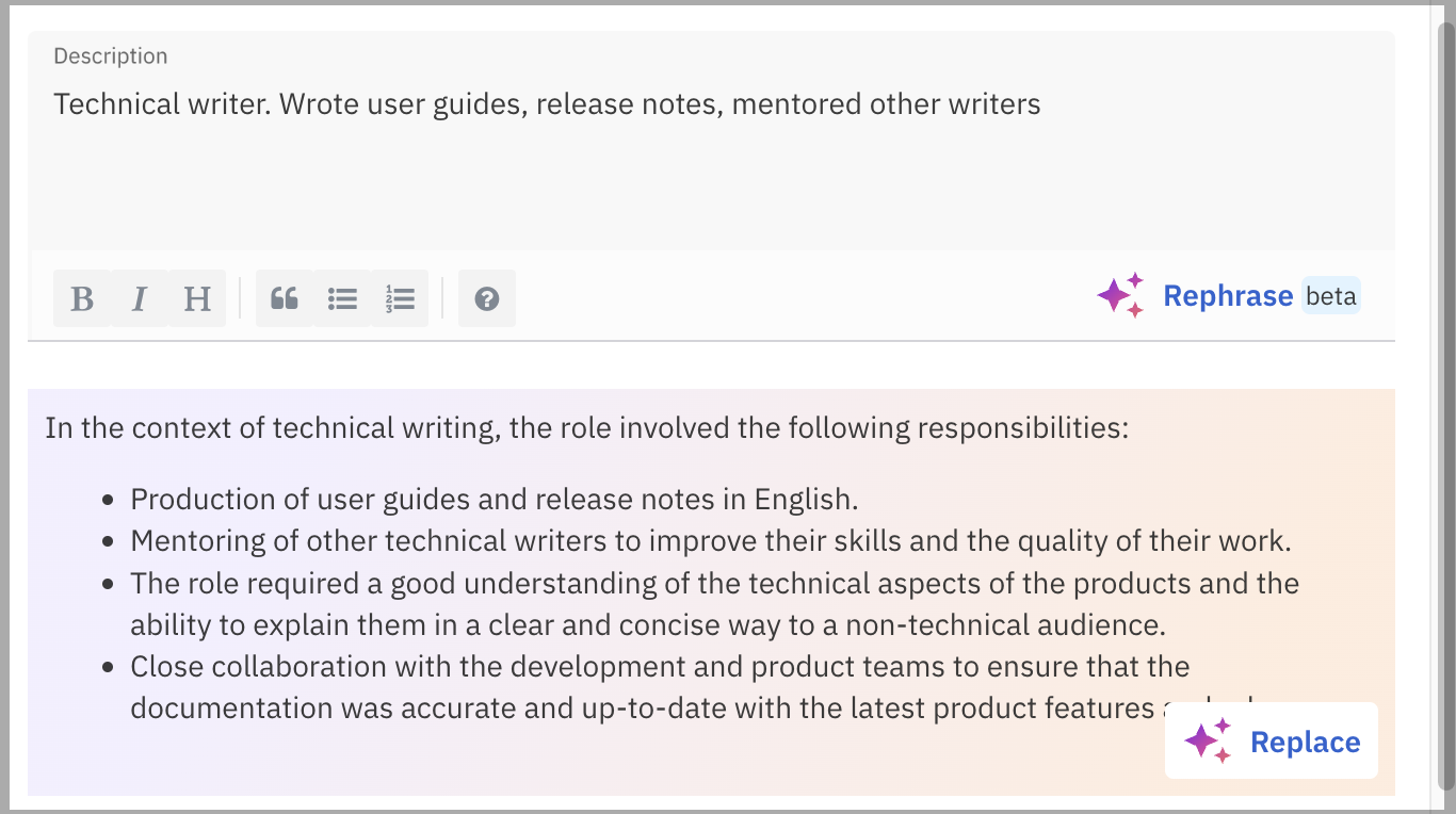 Talent profile with suggested rephrasing