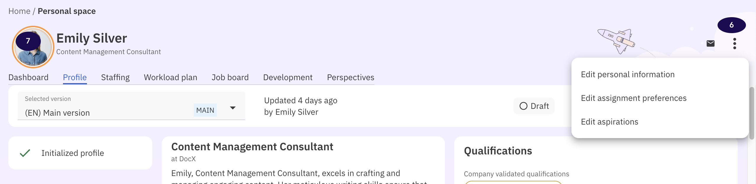 Talent profile with personal information and profile picture highlighted