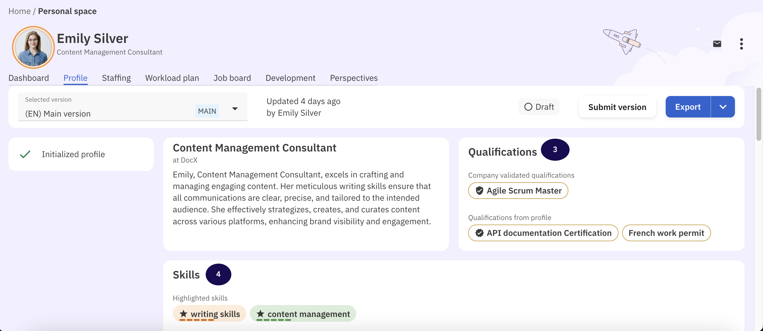 Image of talent profile with skills section highlighted