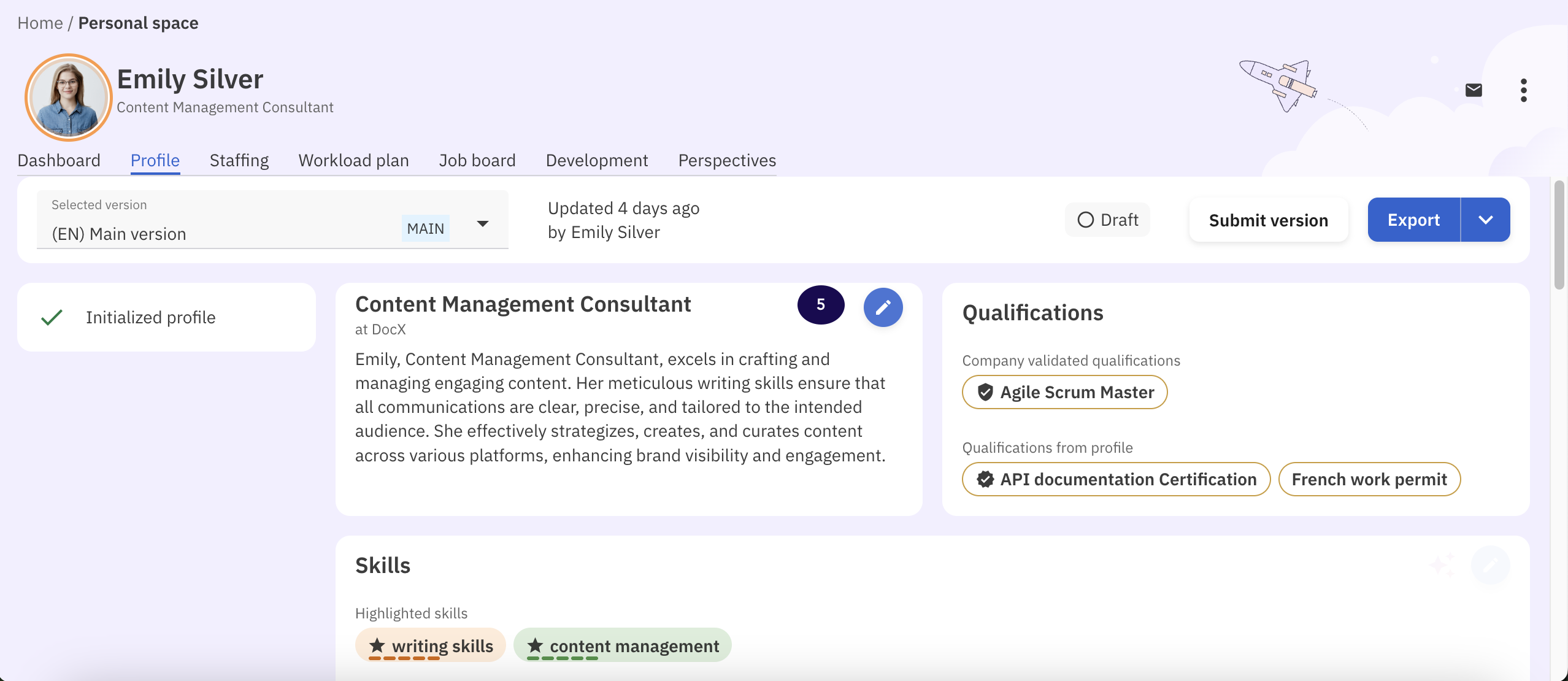 Talent profile with biography section highligted