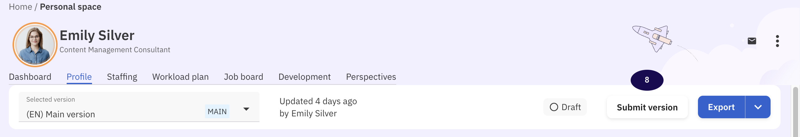 Talent profile with Submit button highlighted