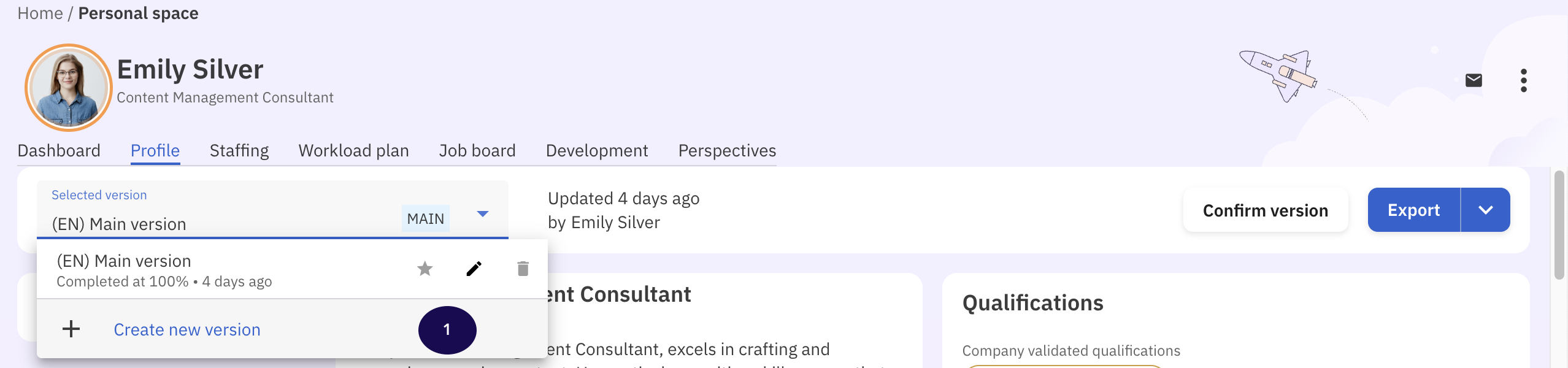 Talent profile with Create a new version highlighted