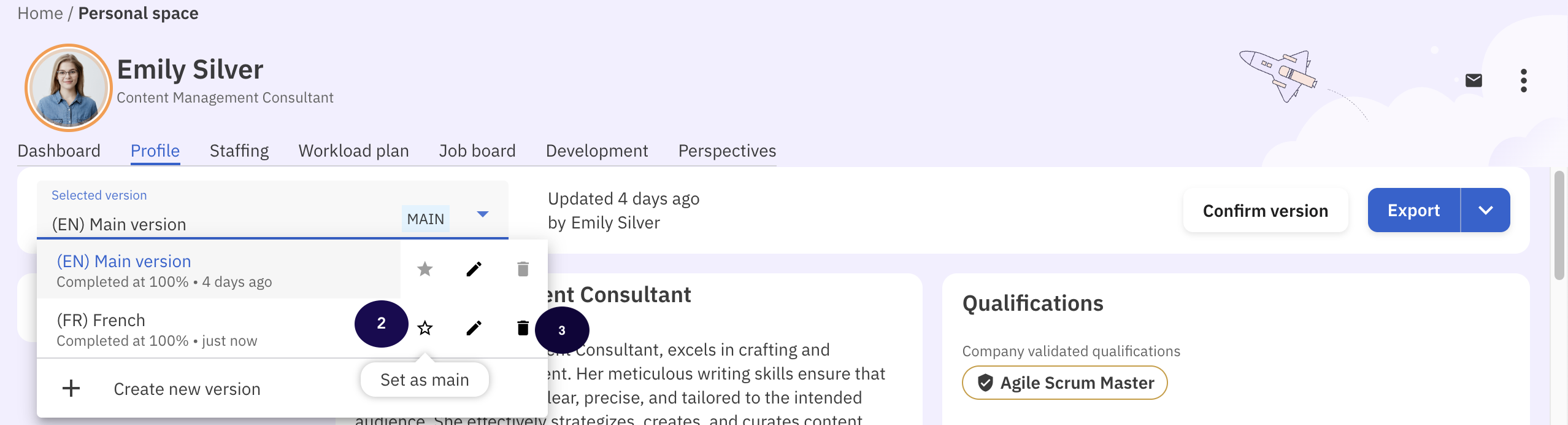 Talent profile with star icon highlighted