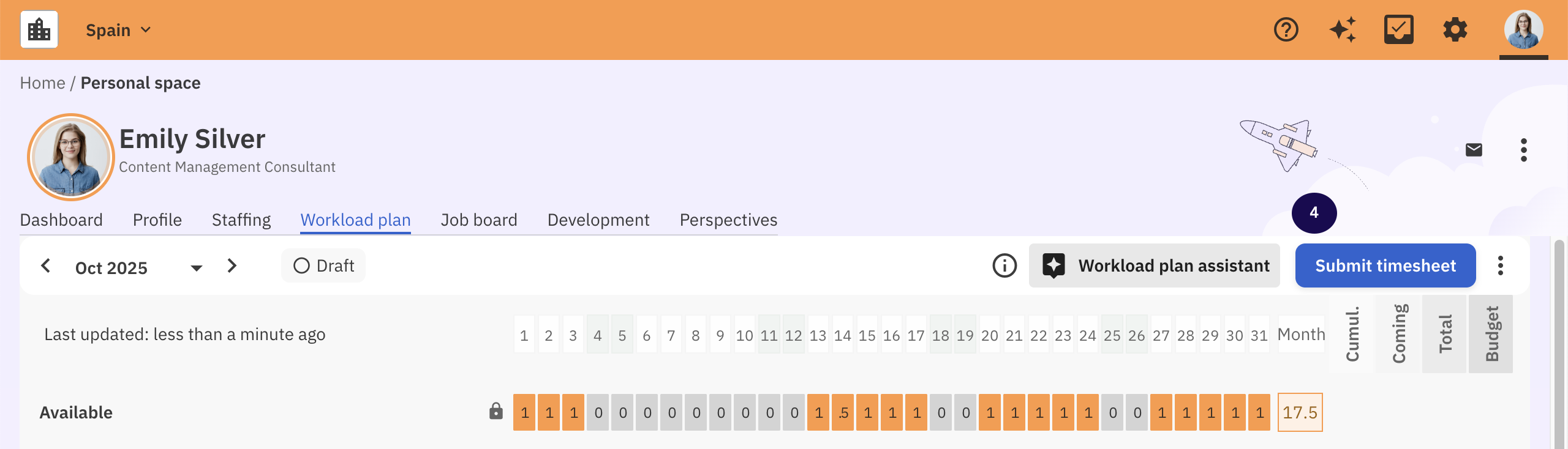 Workload plan with Submit Timesheet highlighted