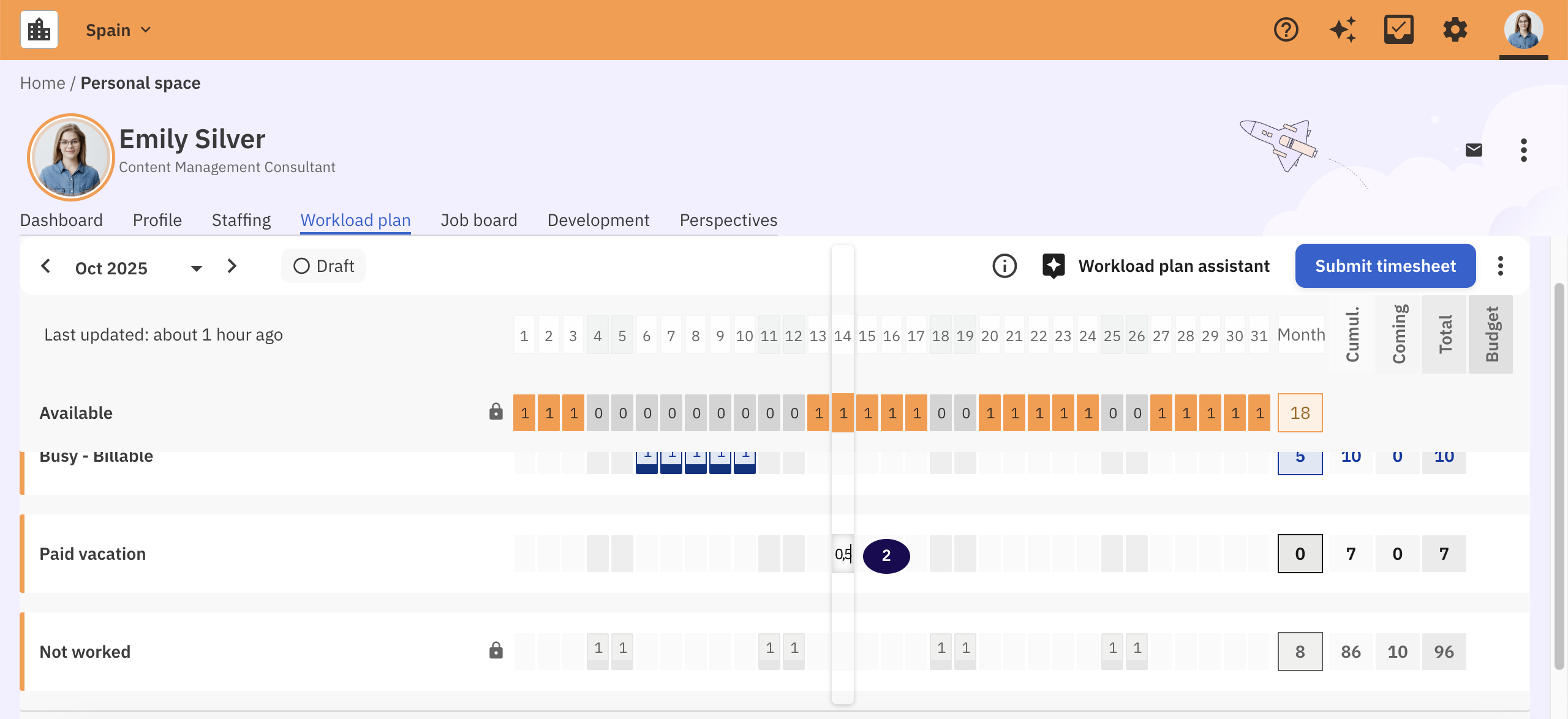Workload plan tab with a line highlighted