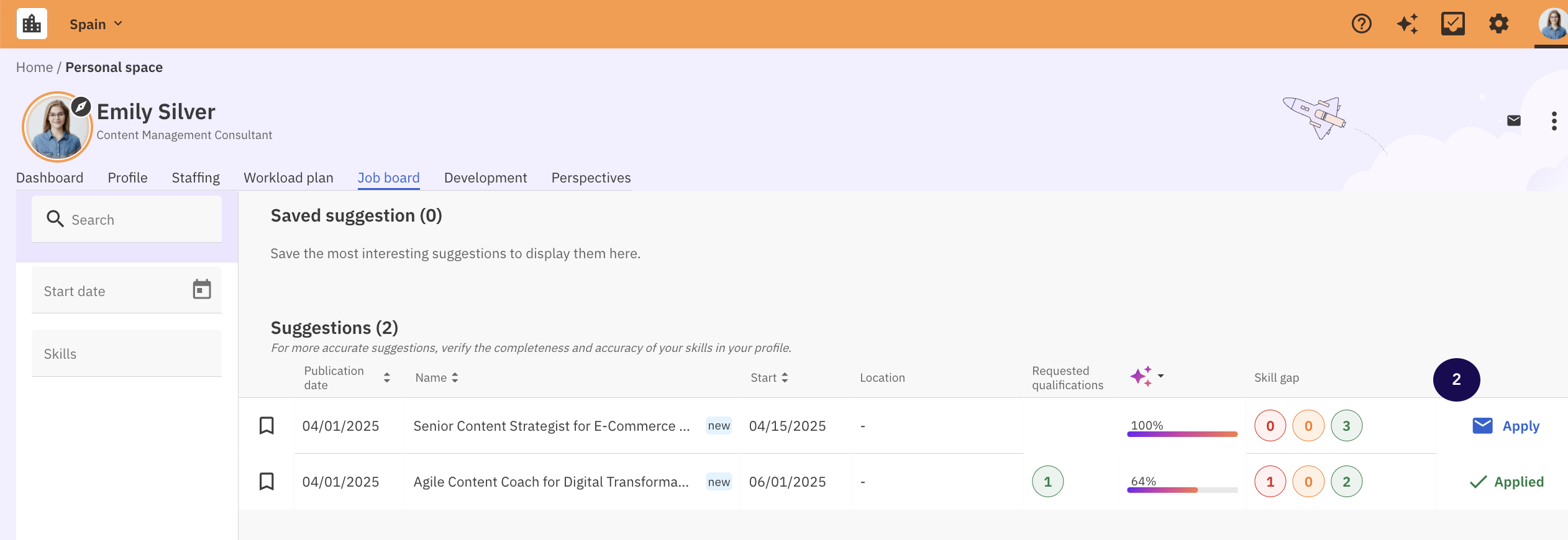 Job Board tab with Apply button highlighted