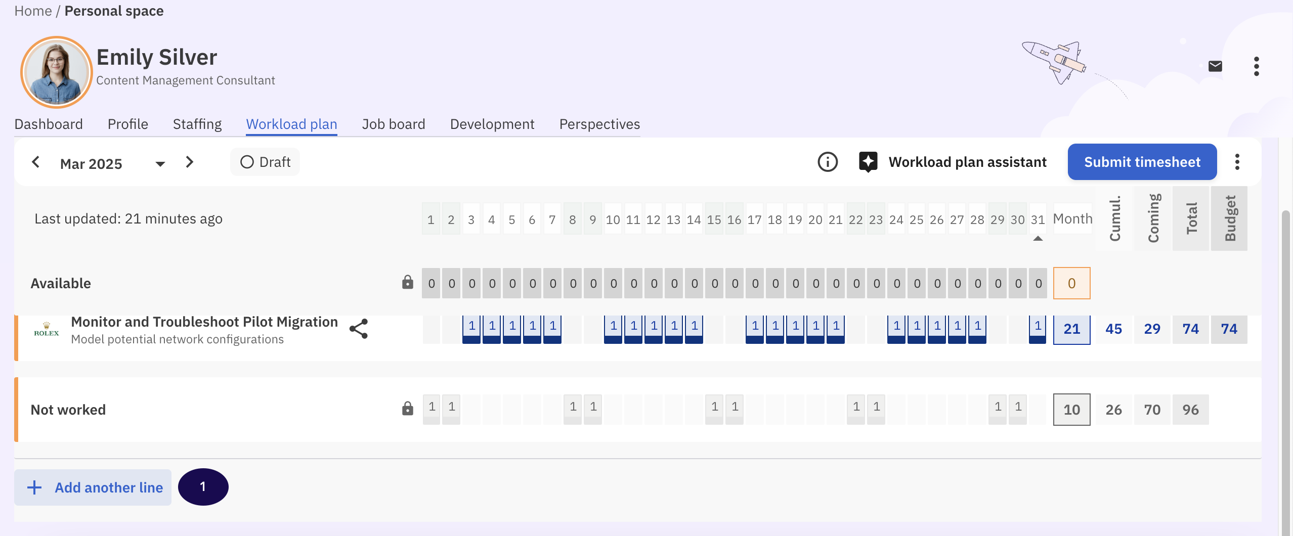 Workload plan tab with Add line highlighted