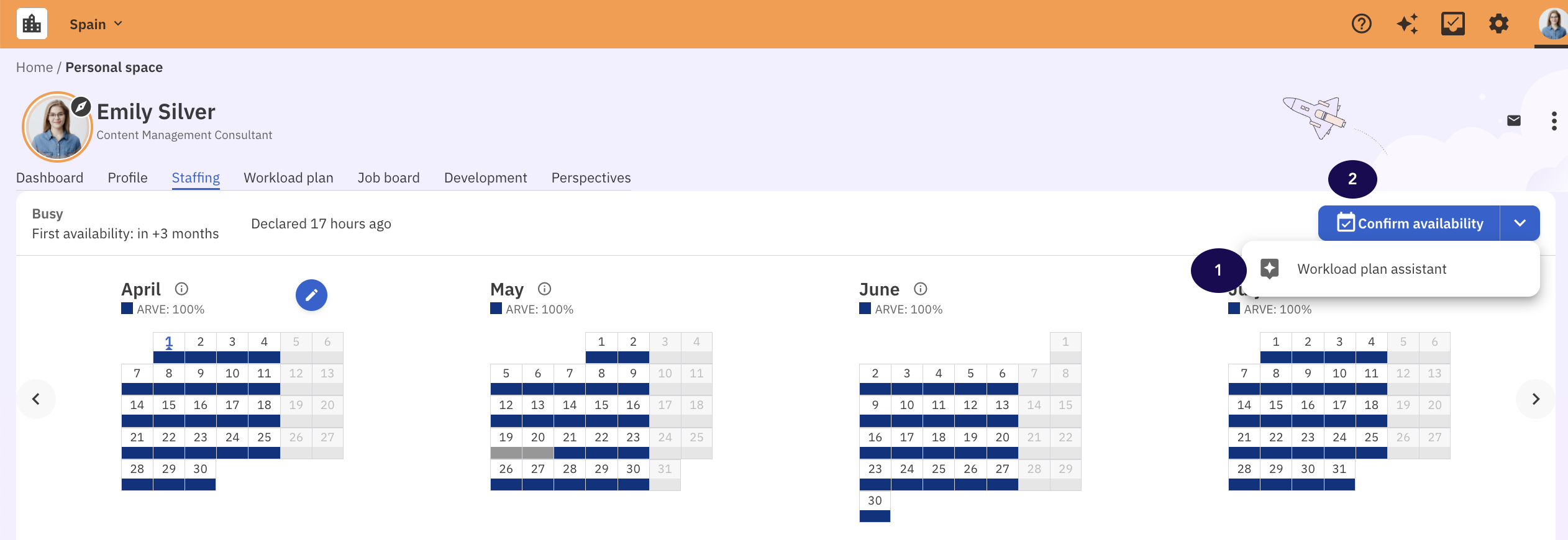 Staffing tab with Confirm availability and workload plan assistant highlighted