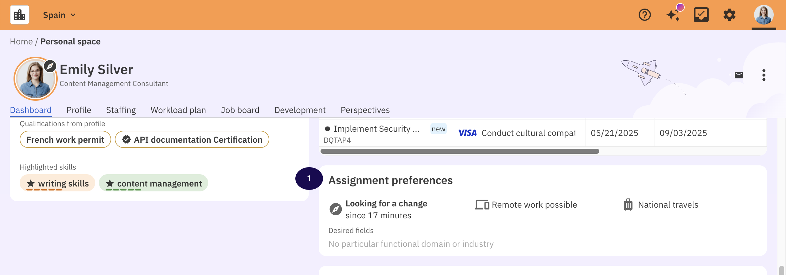 Préférences d'affectation sur le tableau de bord du profil de talent