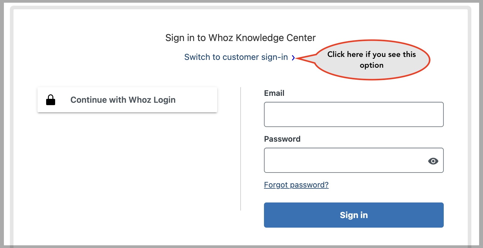 Knowledge Center Login with Switch to Customer Login Highlighted