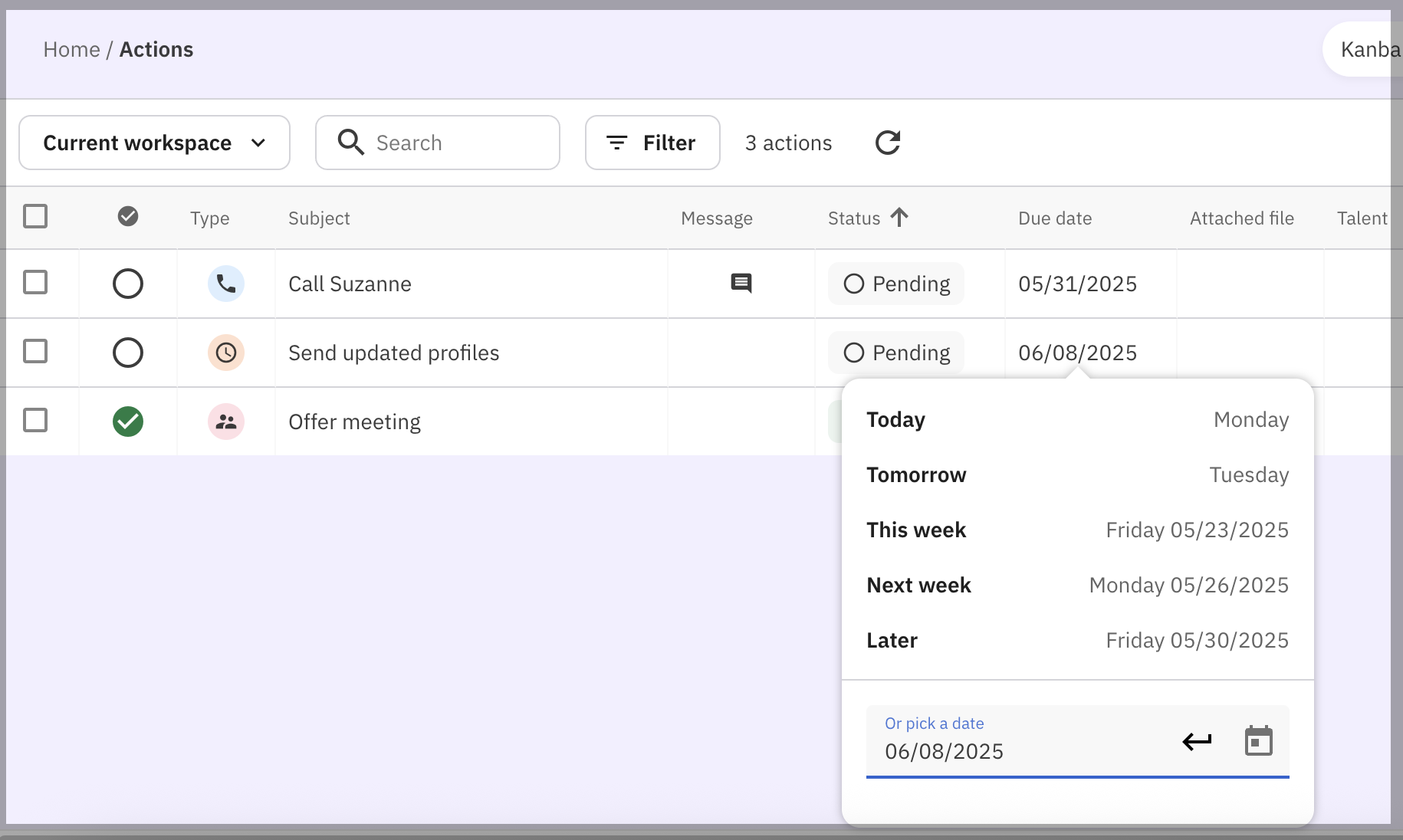 Inline options for changing the due date