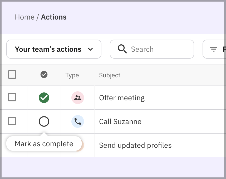 Liste d'actions avec bouton de validation en ligne