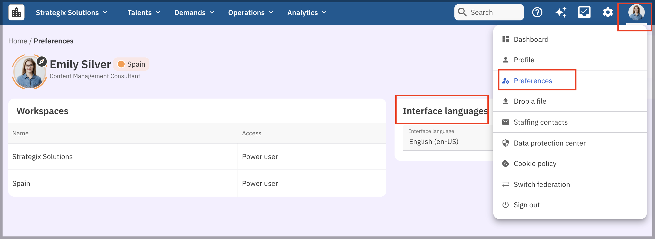 User avatar menu showing Preferences option