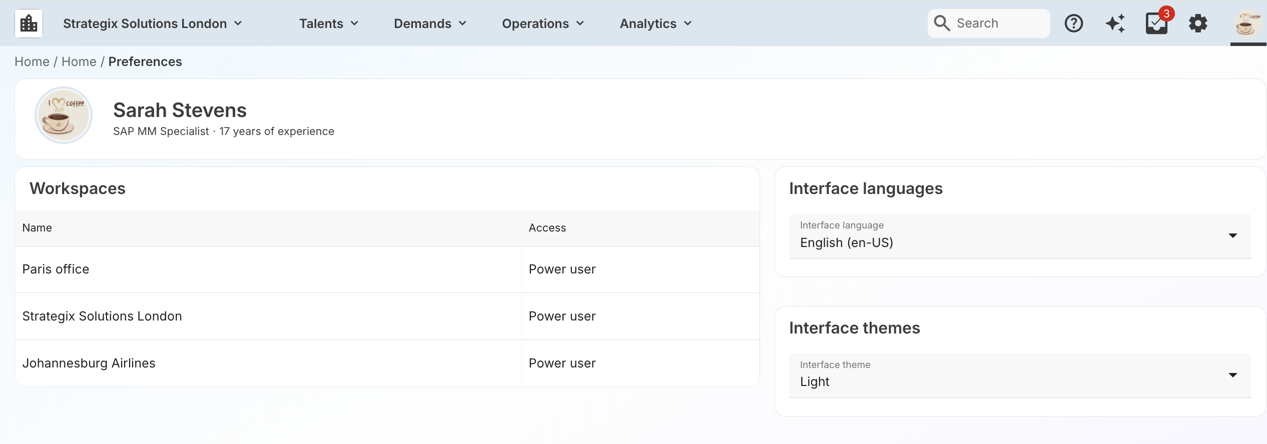 Menu avatar utilisateur affichant l'option Préférences