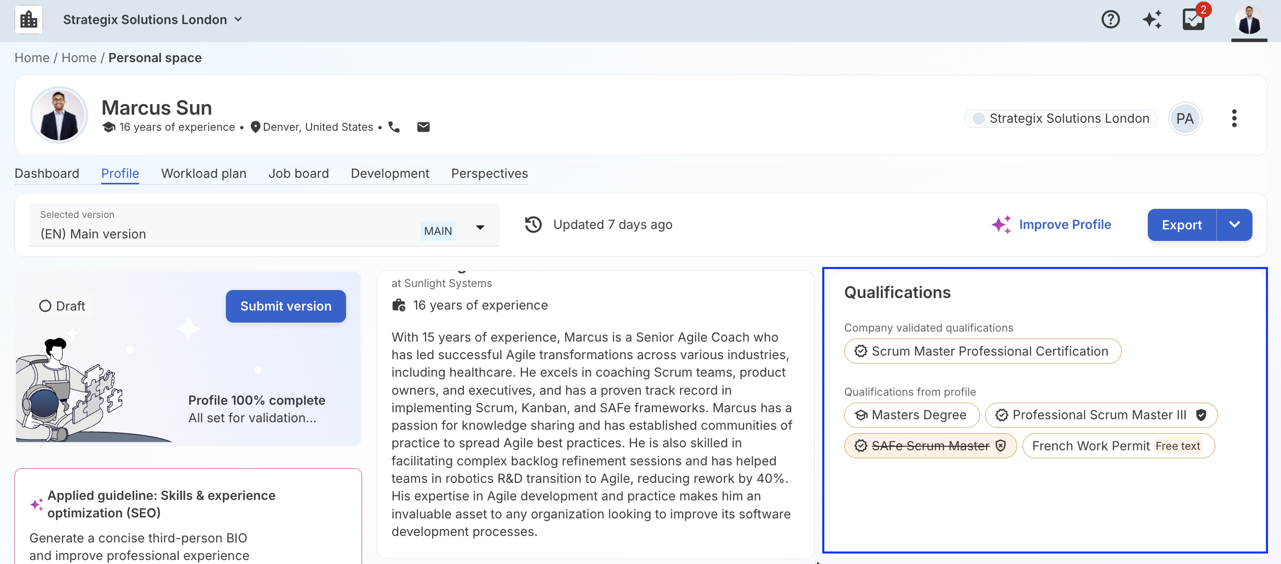 Section Qualifications du profil talent