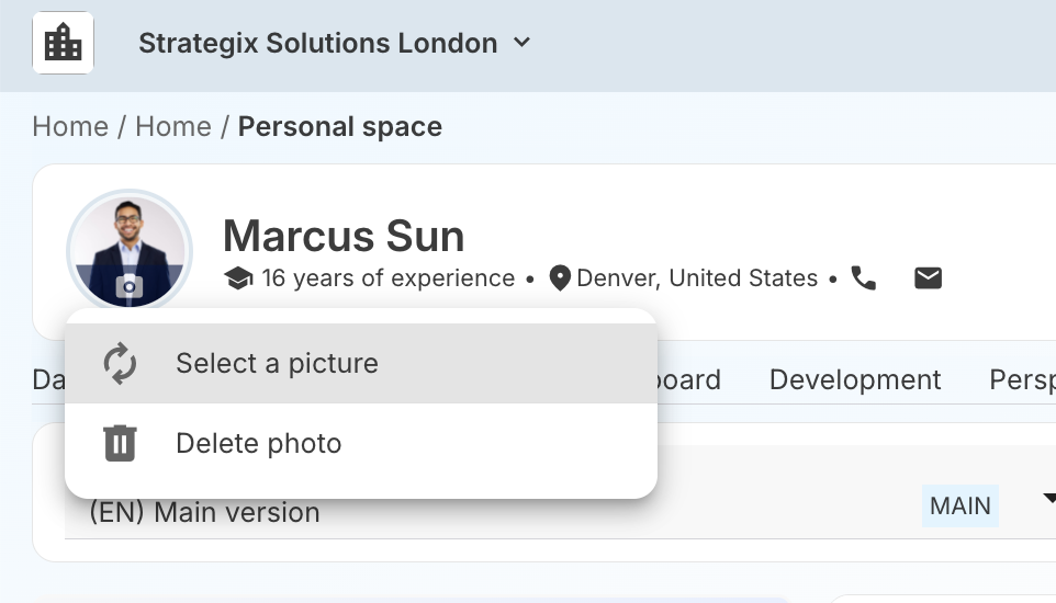 Menu Sélectionner une image du profil talent