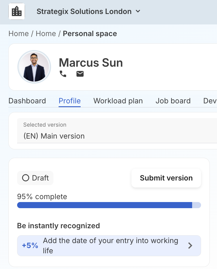 Liste de vérification de complétion de profil sur le profil talent
