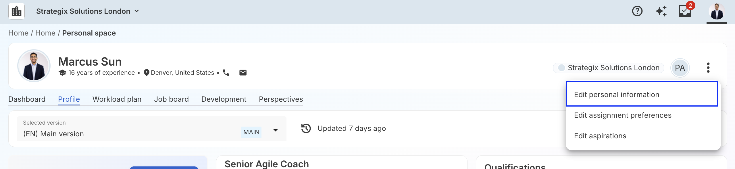 Menu Modifier les informations personnelles du profil talent
