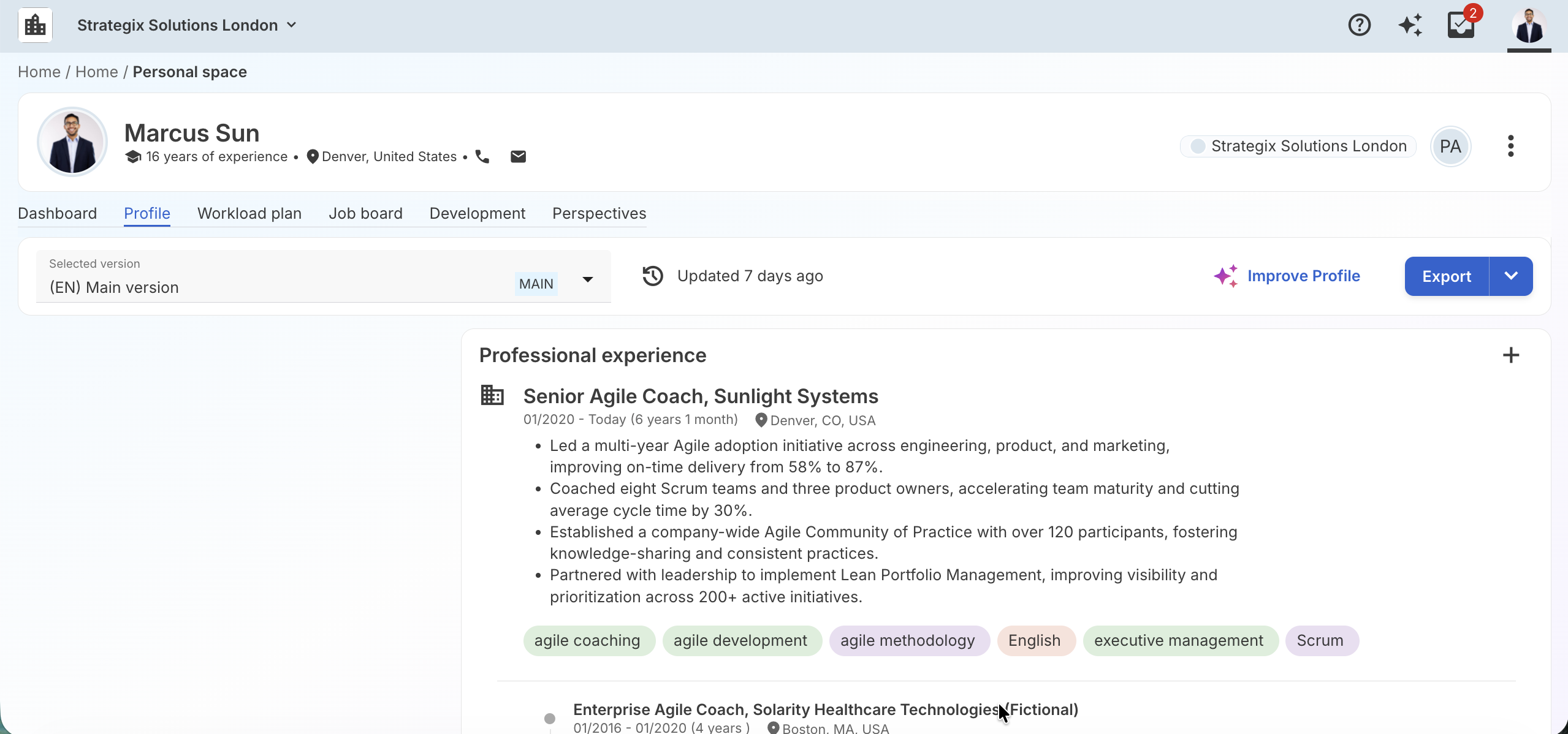 Section expérience professionnelle du profil de talent