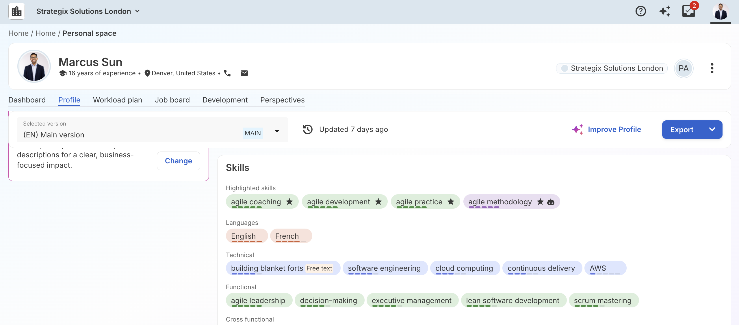 Section compétences du profil de talent