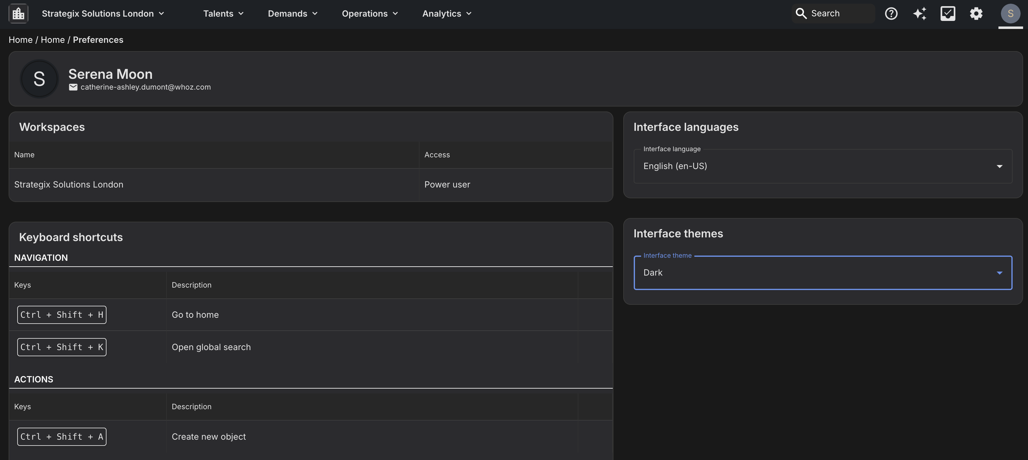 User Preferences page showing Interface Theme and Interface Language settings