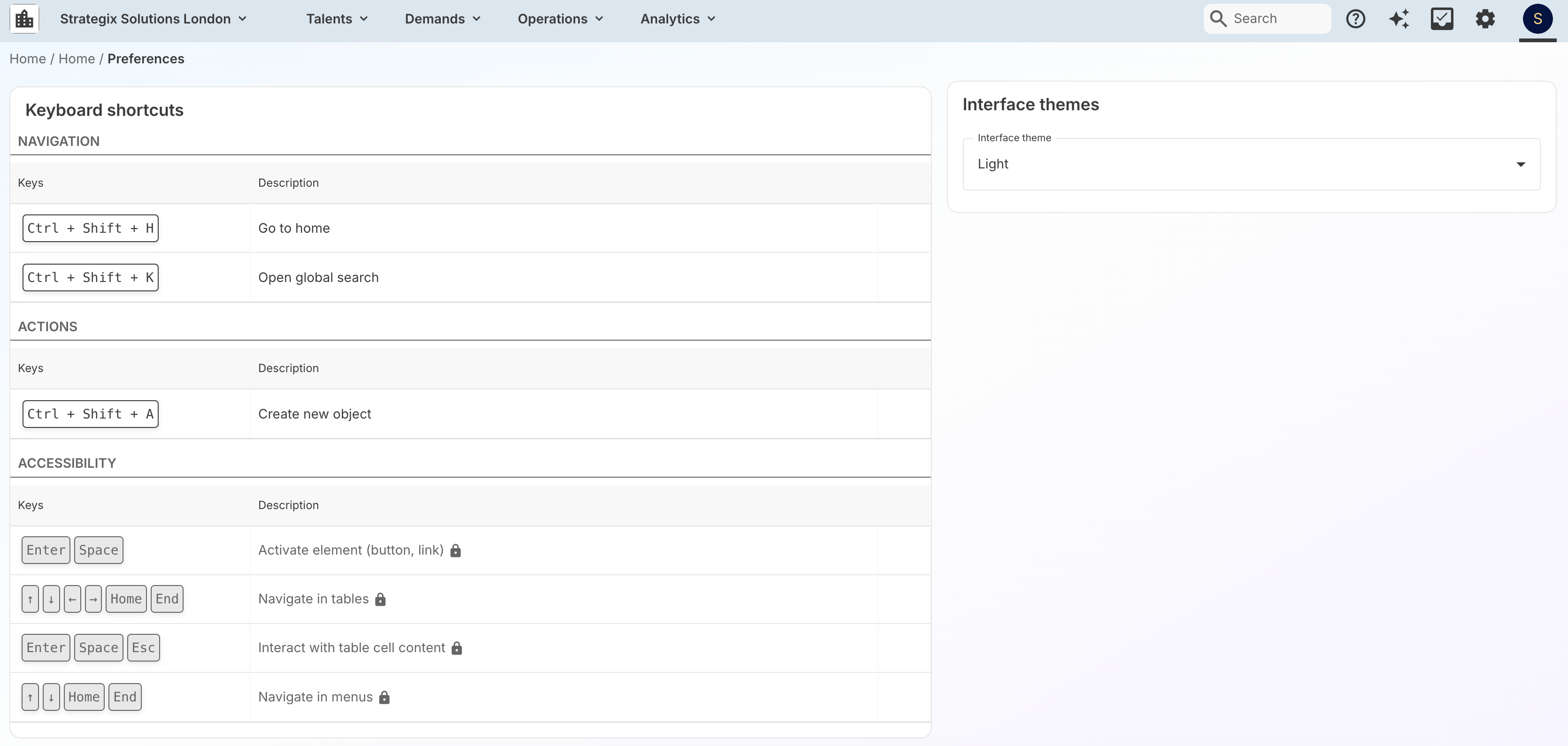 Keyboard shortcuts panel in User Preferences showing navigation, action, and accessibility shortcuts