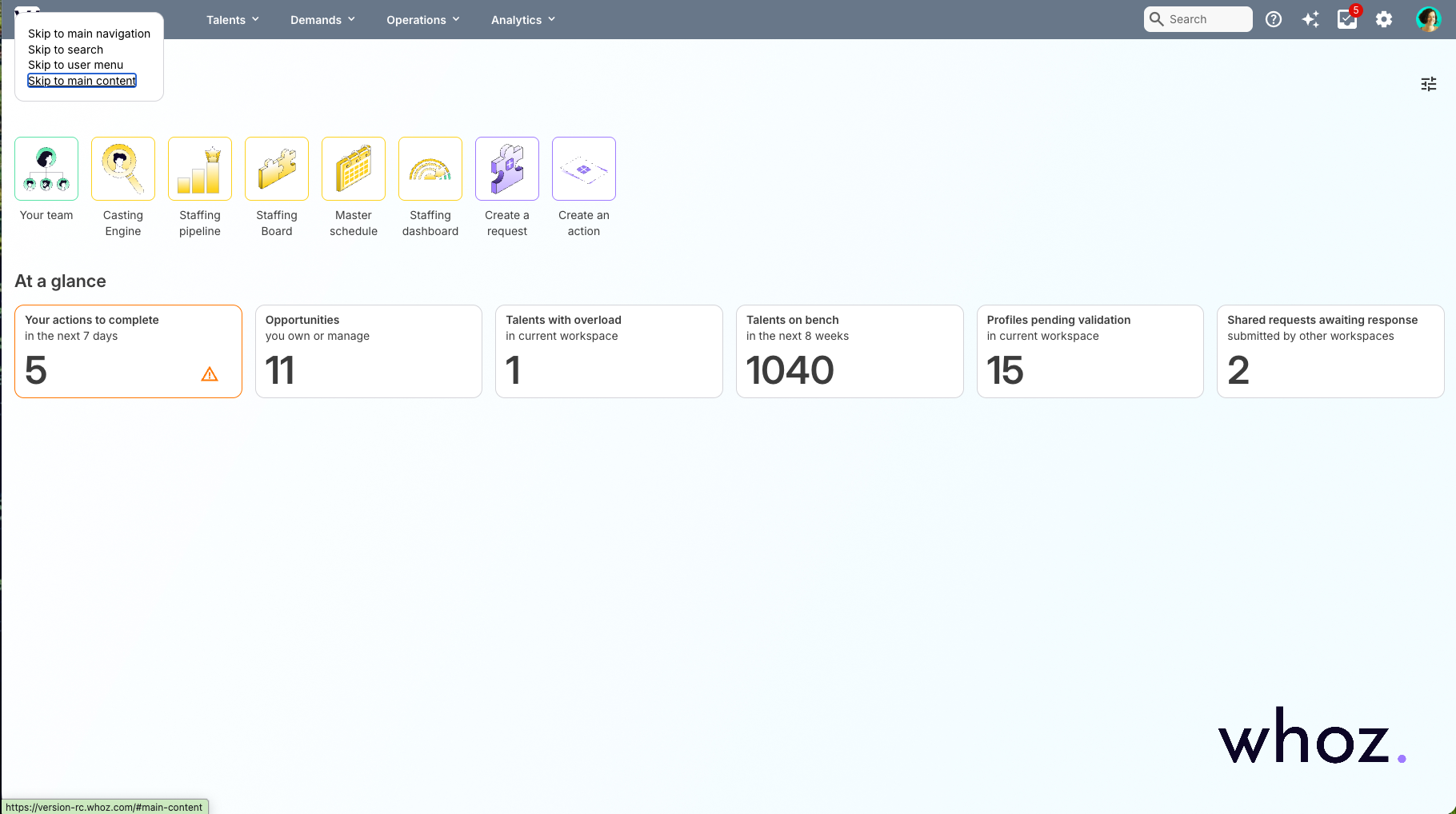 Liens d'évitement mis en évidence en haut d'une page Whoz