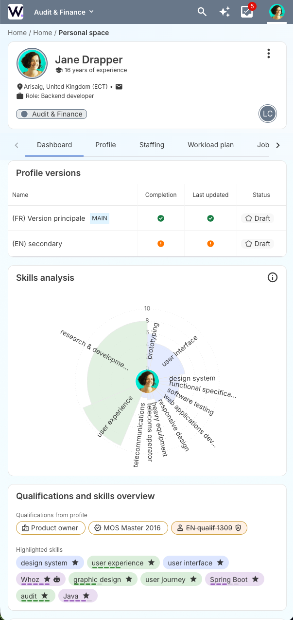Interface Whoz sur un écran mobile affichant la navigation adaptable